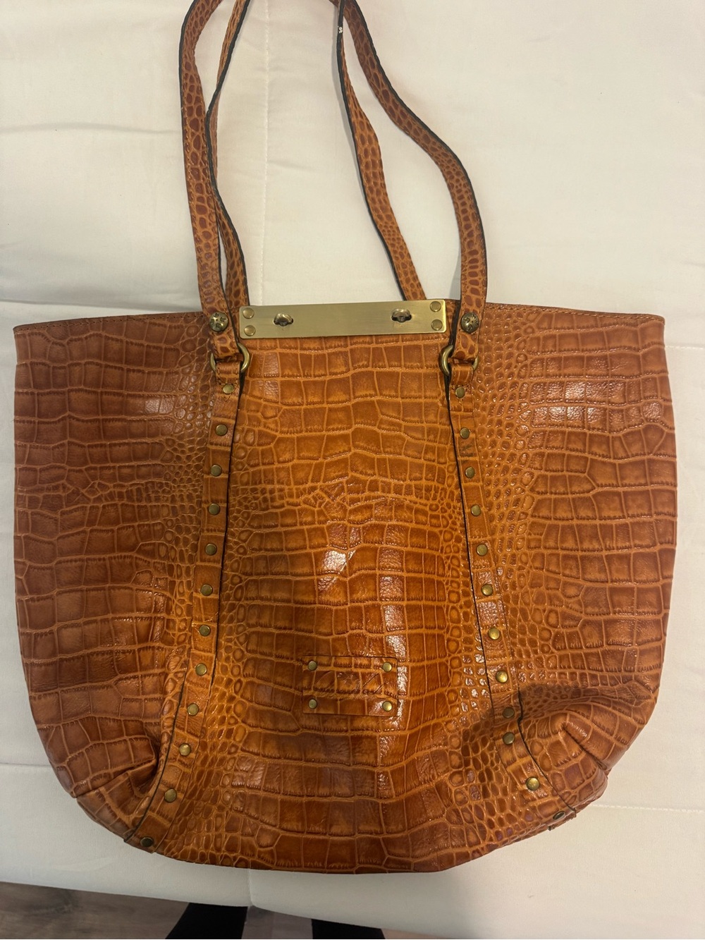 Patricia Nash Cognac Croc-Embossed Leather Tote with Gold Accents